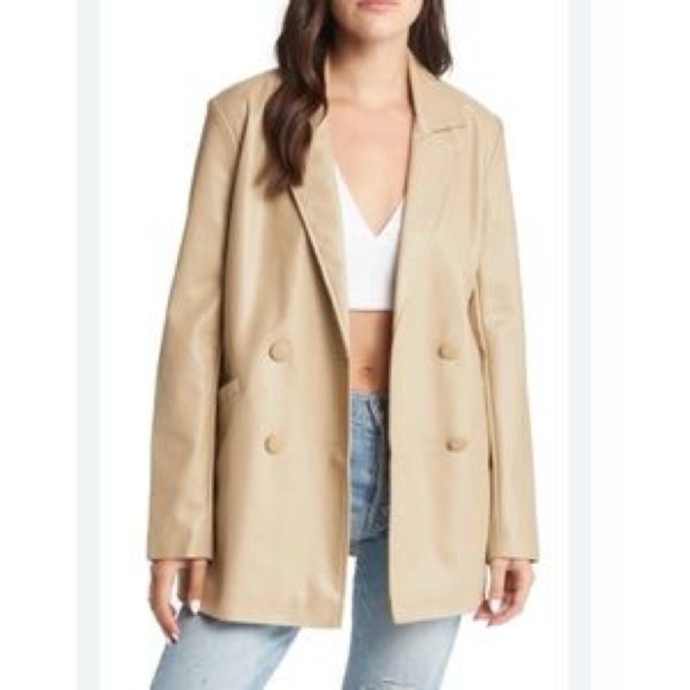 Topshop Faux Leather Beige Double-Breasted Blazer